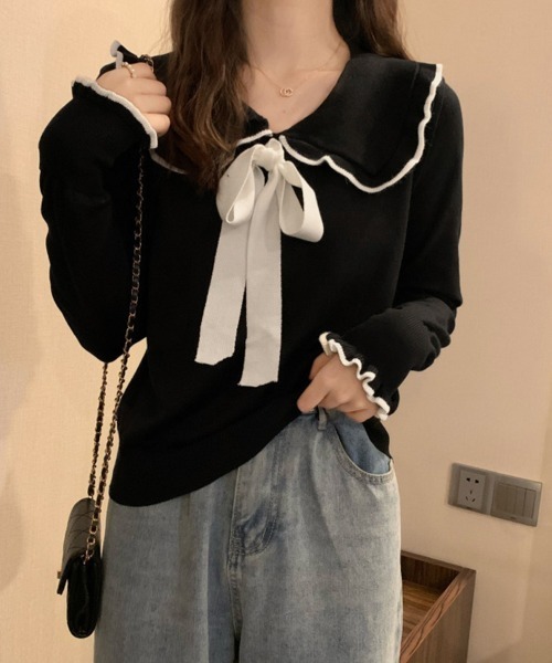 Miniministore(ミニミニストア)の「ニットトップス レディース リボン付き(ニット/セーター・レディース・ブラック/ホワイト・FREE)」の9枚目の写真