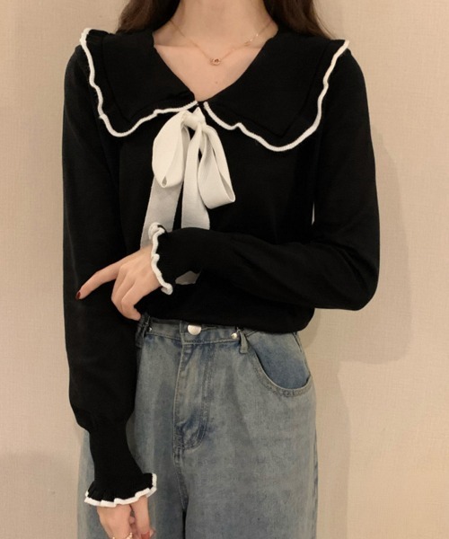 Miniministore(ミニミニストア)の「ニットトップス レディース リボン付き(ニット/セーター・レディース・ブラック/ホワイト・FREE)」の8枚目の写真