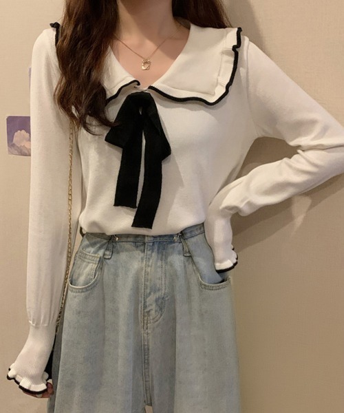 Miniministore(ミニミニストア)の「ニットトップス レディース リボン付き(ニット/セーター・レディース・ブラック/ホワイト・FREE)」の7枚目の写真