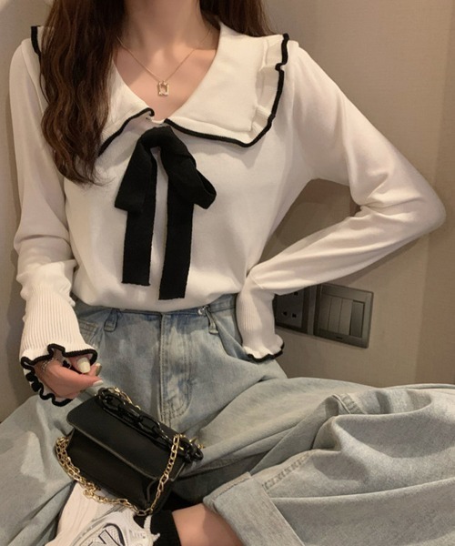 Miniministore(ミニミニストア)の「ニットトップス レディース リボン付き(ニット/セーター・レディース・ブラック/ホワイト・FREE)」の6枚目の写真
