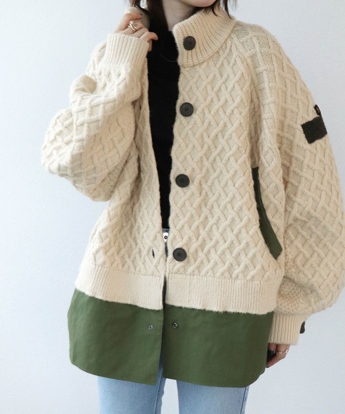 美品 BLANC basqueブランバスクアラン編みニット × キルト ブルゾン BLANC basque - アラン編みニット × キルト 切替え ブルゾン BB25-719