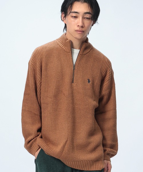 【セール】U.S. POLO ASSN. BIGシルエット 畔編み×刺繍ロゴ ハーフジップ ニット PLM43401（ニット/セーター）｜U.S. POLO ASSN.（ユーエスポロアッスン）