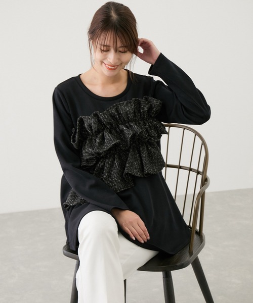 Jayro(ジャイロ)の「ツィードデコフリルプルオーバー(Tシャツ/カットソー・レディース・ブラック/グレー/ホワイト系その他・M)」の1枚目の写真