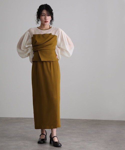 atlo（アトロ）の「袖あり&ミモレ丈 同窓会 ドレープビスチェ お呼ばれ 結婚式 フォーマル オケージョンドレス パーティー ドレス 二次会 成人式 謝恩会 20代 30代（ドレス・レディース・ブラウン系その他/ベージュ系その他/チャコール/オリーブ・S/L/M）」の5枚目の写真