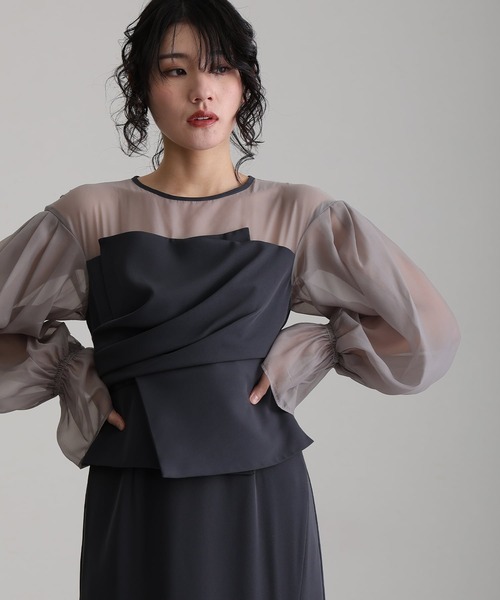 袖あり&ミモレ丈 同窓会 ドレープビスチェ お呼ばれ 結婚式 フォーマル