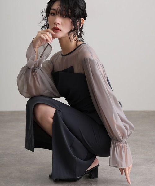 袖あり&ミモレ丈同窓会ドレープビスチェお呼ばれ結婚式フォーマル