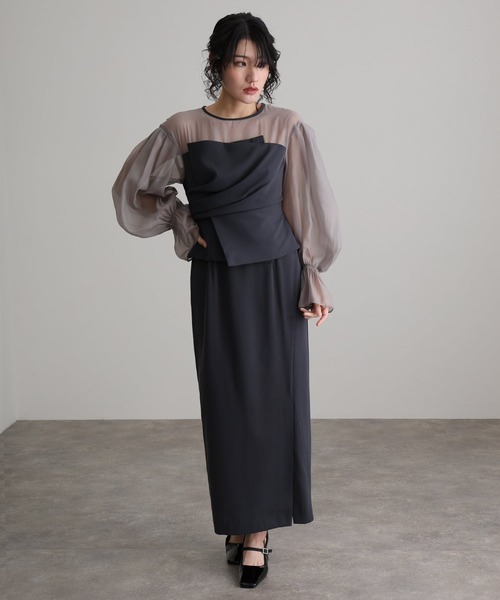 セール】袖あり&ミモレ丈同窓会ドレープビスチェお呼ばれ結婚式