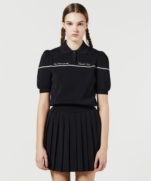 DOUBLE STANDARD CLOTHING(ダブルスタンダードクロージング)の「パフスリーブニットポロ(ポロシャツ・レディース・ブラック/ホワイト×ネイビー・38/36)」の3枚目の写真