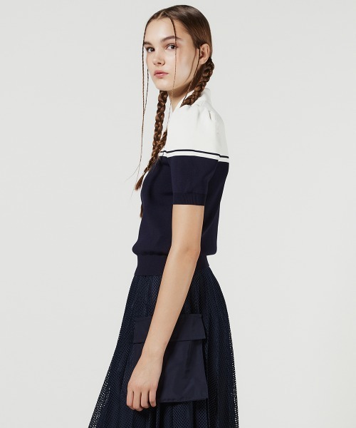 DOUBLE STANDARD CLOTHING(ダブルスタンダードクロージング)の「パフスリーブニットポロ(ポロシャツ・レディース・ブラック/ホワイト×ネイビー・38/36)」の4枚目の写真