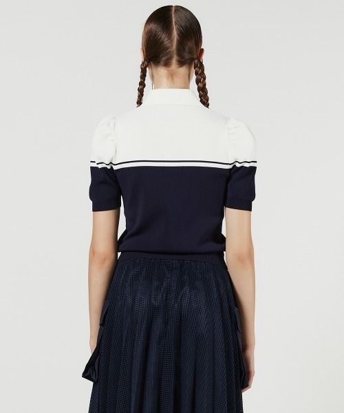 DOUBLE STANDARD CLOTHING(ダブルスタンダードクロージング)の「パフスリーブニットポロ(ポロシャツ・レディース・ブラック/ホワイト×ネイビー・38/36)」の5枚目の写真