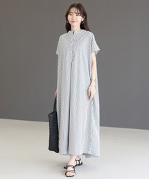 T/Cストライプバンドカラーフレンチシャツワンピース