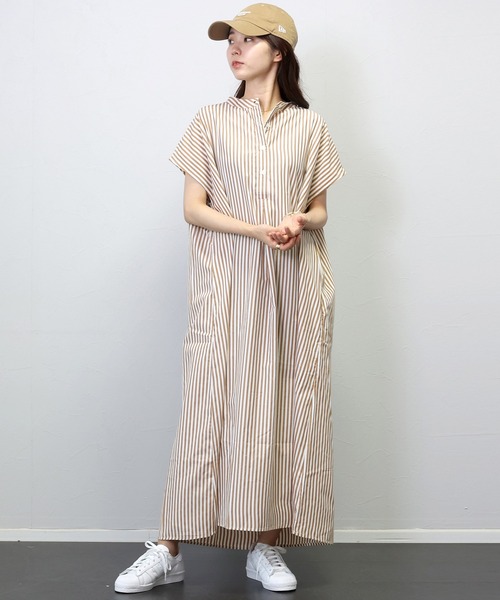 Aletta vita(アレッタビータ)の「T/Cストライプバンドカラーフレンチシャツワンピース(シャツワンピース・レディース・キャメル/チャコール・FREE)」の14枚目の写真
