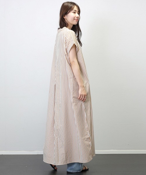 Aletta vita(アレッタビータ)の「T/Cストライプバンドカラーフレンチシャツワンピース(シャツワンピース・レディース・キャメル/チャコール・FREE)」の17枚目の写真
