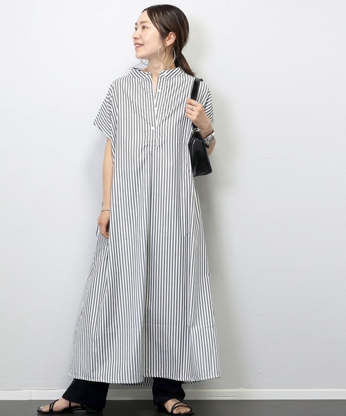 Aletta vita(アレッタビータ)の「T/Cストライプバンドカラーフレンチシャツワンピース(シャツワンピース・レディース・キャメル/チャコール・FREE)」の9枚目の写真