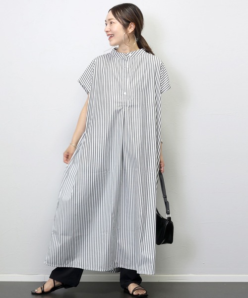 Aletta vita(アレッタビータ)の「T/Cストライプバンドカラーフレンチシャツワンピース(シャツワンピース・レディース・キャメル/チャコール・FREE)」の12枚目の写真
