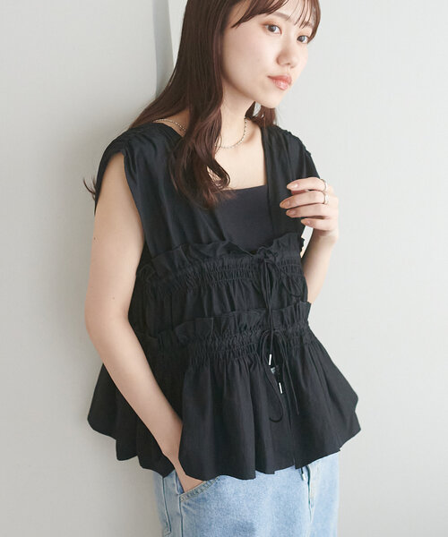 【umm.】ギャザーリボン使いノースリ Discoat｜【umm.】ギャザーリボン使いノースリ | Rakuten Fashion(楽天