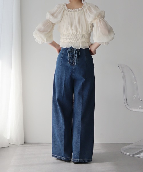 earth music&ecology（アースミュージックアンドエコロジー）の「フロントZIPバックレースアップデニム（デニムパンツ・レディース・インディゴブルー/ブルー系その他・S/M）」の5枚目の写真