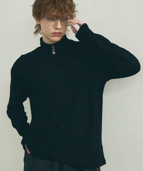 セール】Button design high neck long sleeve T-shirt / ボタン 