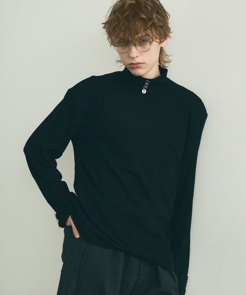 セール】Button design high neck long sleeve T-shirt / ボタン 
