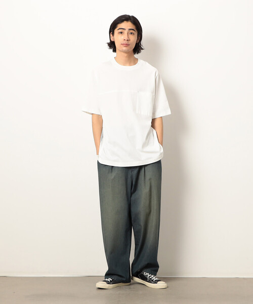 Purple&Yellow（パープルアンドイエロー）の「布帛切り替えバックプリントＴシャツ（Tシャツ/カットソー・メンズ・ホワイト/オートミール/ブラック/ベージュ・SMALL/LARGE/MEDIUM）」の5枚目の写真