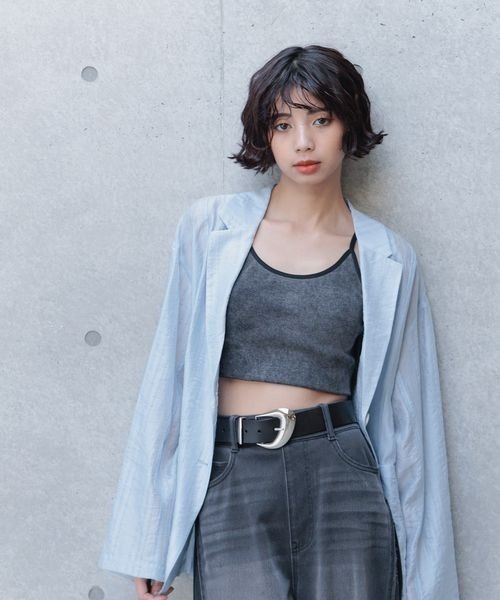 PAGEBOY（ページボーイ）の「ヴィンテージテレコFITキャミ【ショートとロング選べる丈感】（キャミソール・レディース・チャコールグレー/ライトピンク・SMALL/MEDIUM）」の6枚目の写真
