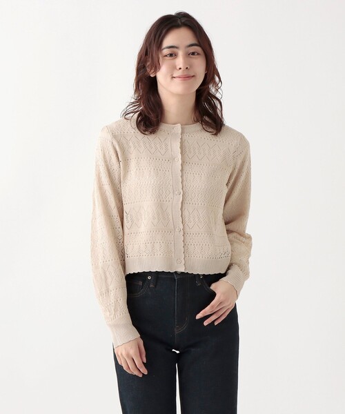 Afternoon Tea(アフタヌーンティー)の「透かし編みクルーネックカーディガン(カーディガン/ボレロ・レディース・オフホワイト/ベージュ/ネイビー・MEDIUM)」の1枚目の写真