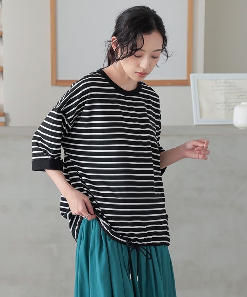 n'OrLABEL(ノアールレーベル)の「ボーダードロストプルオーバー(Tシャツ/カットソー・レディース・ブラウン/ブルー/ホワイト/ブラック・FREE)」の2枚目の写真