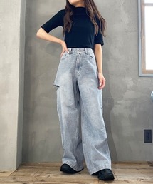 脇破れ加工デニムストレートパンツ
