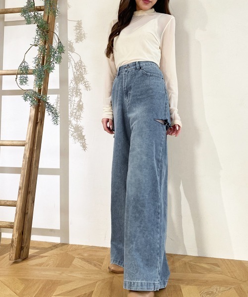 Kuroba（クロバ）の「脇破れ加工デニムストレートパンツ（デニムパンツ・レディース・ブラック/ブルー/サックスブルー・S/M）」の6枚目の写真