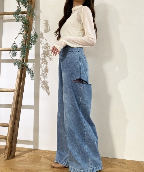 Kuroba（クロバ）の「脇破れ加工デニムストレートパンツ（デニムパンツ・レディース・ブラック/ブルー/サックスブルー・S/M）」の5枚目の写真