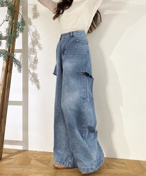 Kuroba（クロバ）の「脇破れ加工デニムストレートパンツ（デニムパンツ・レディース・ブラック/ブルー/サックスブルー・S/M）」の7枚目の写真