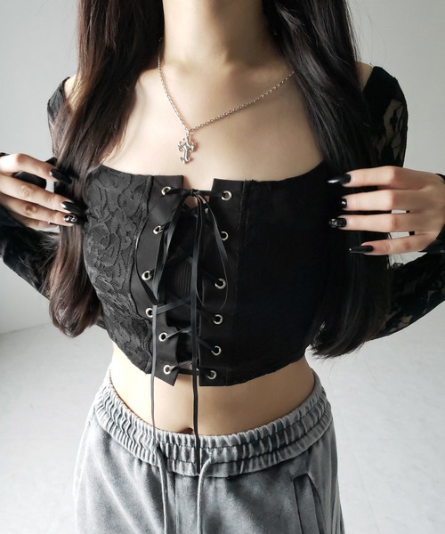 me+em select(ミームセレクト)の「【 2color 】レースアップコルセットリボンショートレーストップス / laceup corset ribbon short lace tops(その他トップス・レディース・ホワイト/ブラック・SMALL)」の17枚目の写真