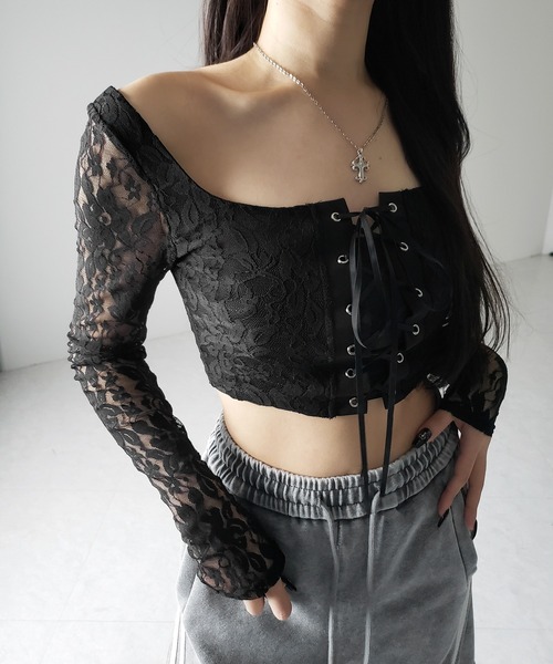 me+em select(ミームセレクト)の「【 2color 】レースアップコルセットリボンショートレーストップス / laceup corset ribbon short lace tops(その他トップス・レディース・ホワイト/ブラック・SMALL)」の18枚目の写真