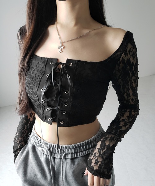 me+em select(ミームセレクト)の「【 2color 】レースアップコルセットリボンショートレーストップス / laceup corset ribbon short lace tops(その他トップス・レディース・ホワイト/ブラック・SMALL)」の19枚目の写真