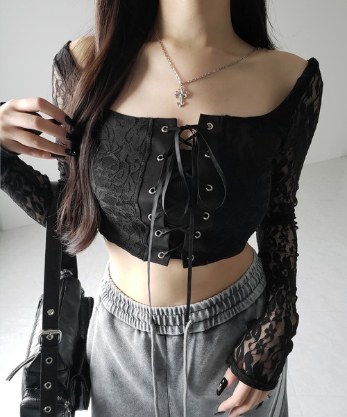 me+em select(ミームセレクト)の「【 2color 】レースアップコルセットリボンショートレーストップス / laceup corset ribbon short lace tops(その他トップス・レディース・ホワイト/ブラック・SMALL)」の20枚目の写真