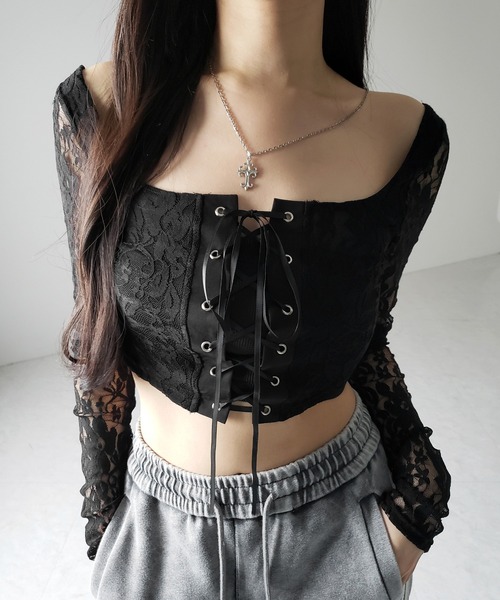 ■韓国■ コルセット風 レースアップ チェック ハイウェスト 2色 レースコルセット風レイヤードトップス（Tシャツ/カットソー