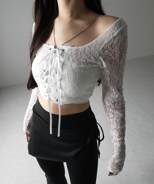 me+em select(ミームセレクト)の「【 2color 】レースアップコルセットリボンショートレーストップス / laceup corset ribbon short lace tops(その他トップス・レディース・ホワイト/ブラック・SMALL)」の6枚目の写真