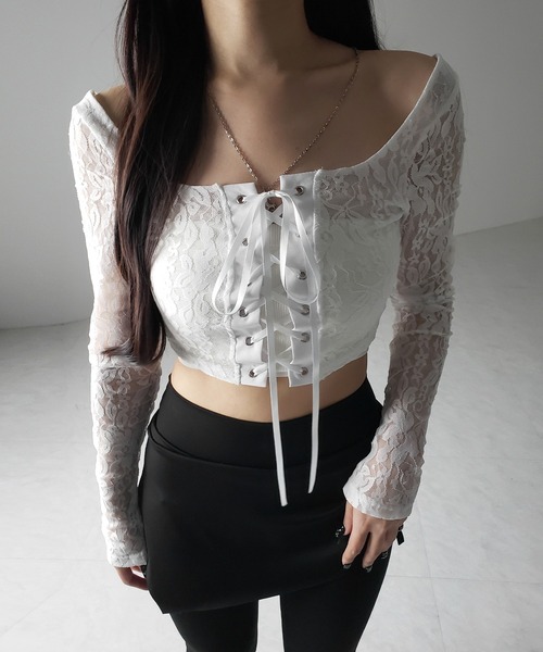 me+em select(ミームセレクト)の「【 2color 】レースアップコルセットリボンショートレーストップス / laceup corset ribbon short lace tops(その他トップス・レディース・ホワイト/ブラック・SMALL)」の7枚目の写真