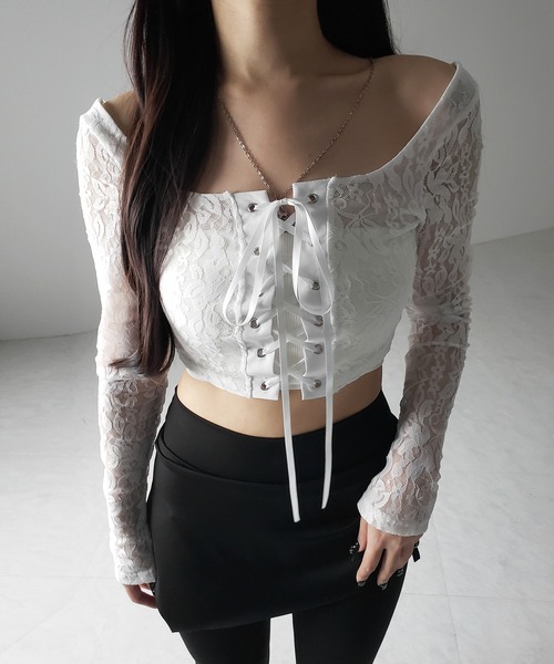 me+em select(ミームセレクト)の「【 2color 】レースアップコルセットリボンショートレーストップス / laceup corset ribbon short lace tops(その他トップス・レディース・ホワイト/ブラック・SMALL)」の9枚目の写真