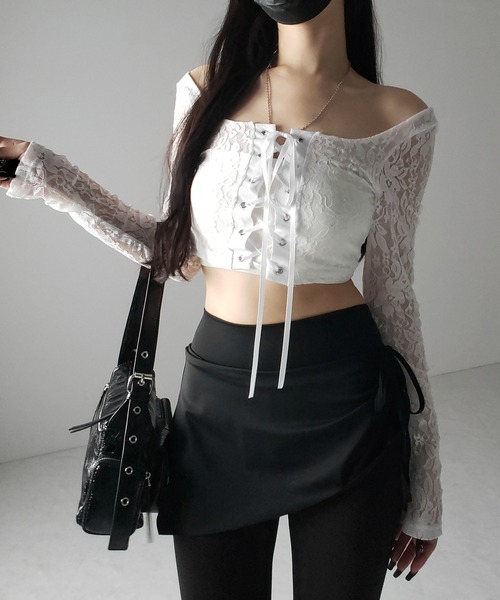 me+em select(ミームセレクト)の「【 2color 】レースアップコルセットリボンショートレーストップス / laceup corset ribbon short lace tops(その他トップス・レディース・ホワイト/ブラック・SMALL)」の13枚目の写真
