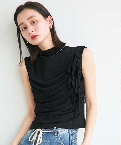 ad thie(アドティエ)の「サイドリボン ギャザートップス(Tシャツ/カットソー・レディース・ブラック/アイボリー・FREE)」の12枚目の写真