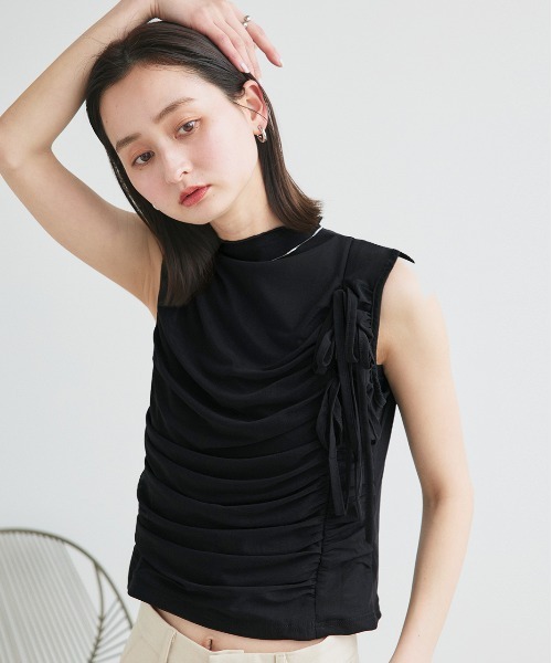ad thie(アドティエ)の「サイドリボン ギャザートップス(Tシャツ/カットソー・レディース・ブラック/アイボリー・FREE)」の20枚目の写真