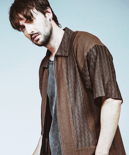 NO ID.(ノーアイディ)の「【NO ID.】Changing Knit Sheer Big Shirt Blouson / チェンジング ニット シアー ビッグ シャツ ブルゾン(シャツ/ブラウス・メンズ・グレー/ブラック/ブラウン・ONE SIZE)」の1枚目の写真