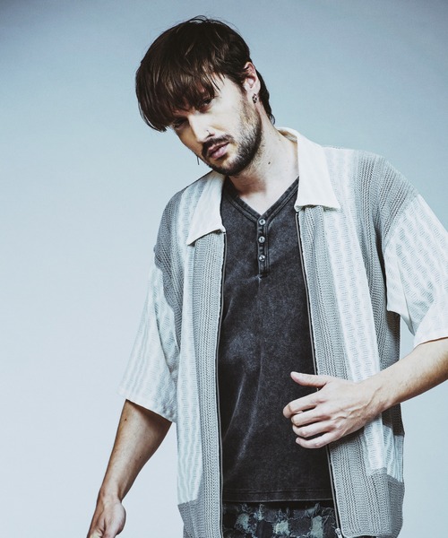NO ID.(ノーアイディ)の「【NO ID.】Changing Knit Sheer Big Shirt Blouson / チェンジング ニット シアー ビッグ シャツ ブルゾン(シャツ/ブラウス・メンズ・グレー/ブラック/ブラウン・ONE SIZE)」の8枚目の写真