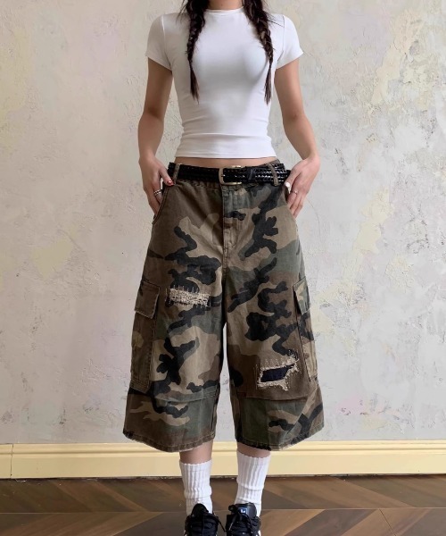 セール】カモフラージュ迷彩柄 ダメージ風半端丈デニムパンツ