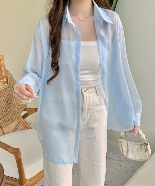 WEGO(ウィゴー)の「WEGO/シースルーシャツトップス/カラフルシアートップスバックリボン春夏秋長袖(シャツ/ブラウス・レディース・ホワイト/ピンク/パープル/イエロー/ブルー/ブラック・FREE)」の3枚目の写真