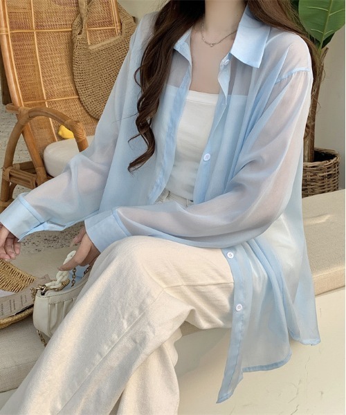 WEGO(ウィゴー)の「WEGO/シースルーシャツトップス/カラフルシアートップスバックリボン春夏秋長袖(シャツ/ブラウス・レディース・ホワイト/ピンク/パープル/イエロー/ブルー/ブラック・FREE)」の14枚目の写真