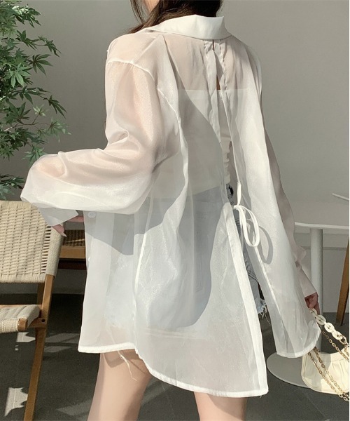 WEGO(ウィゴー)の「WEGO/シースルーシャツトップス/カラフルシアートップスバックリボン春夏秋長袖(シャツ/ブラウス・レディース・ホワイト/ピンク/パープル/イエロー/ブルー/ブラック・FREE)」の22枚目の写真