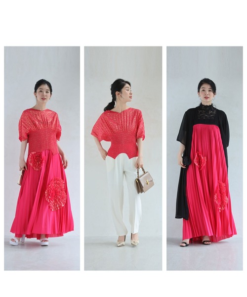 新作6月11日 プリーツカットソーと花咲くチューブトップワンピースの2点セット【set】 cawaii w61291ps S~3L対応 春 夏 デザイン性 体型カバー ピンク オケージョン イベント ドレッシー モチーフ 着回し レディース ファッション 大人 ママ ミセス 30代 40代 50代 福袋 プリーツカットソーと花咲くチューブトップワンピースの2点セット【set