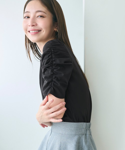 coca（coca）（コカ）の「シルキータッチ袖ギャザートップス（Tシャツ/カットソー・レディース・ホワイト/ブラック・M/L/S）」の7枚目の写真